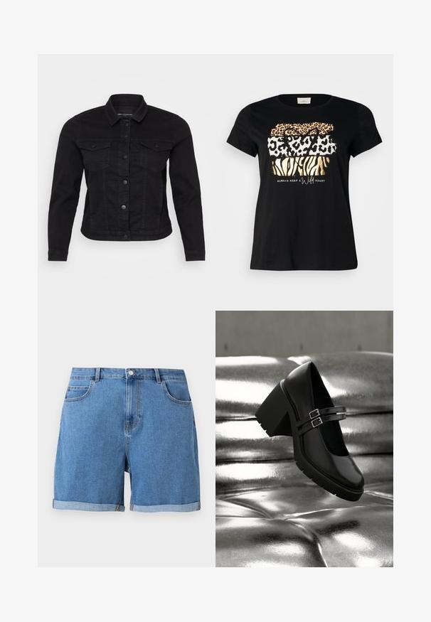 Sort denimjakke med klassisk krave, frontknaplukning, to brystlommer og stikninger.; Sort bomulds t-shirt med rund hals, prydet med lagdelte dyreprint i guld, orange og hvid med teksten "hold altid et vildt hjerte."; Blå denimshorts med op rullede manchetter, frontknaplukning, bæltestropper samt sidelommer og møntlomme på ens farvet baggrund.; Sort chunky hælsko med dobbelte spænder, der hviler på en skinnende sølvfarvet fløjlsbetrukket overflade, der fremhæver skoens tekstur og design.