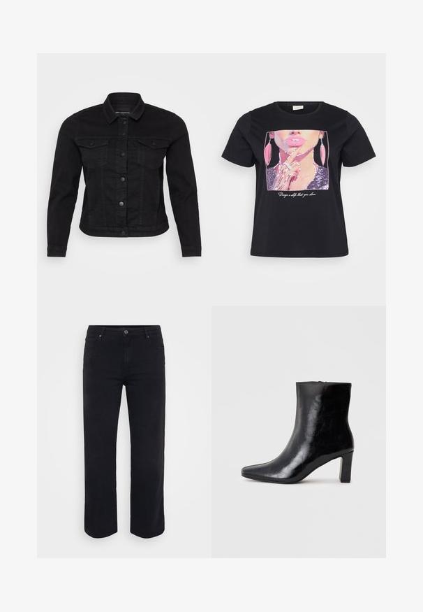 Sort denimjakke med klassisk krave, frontknaplukning, to brystlommer og stikninger.; Sort t-shirt med et palietmotiv af en kvindes ansigt med pink læber og øreringe, samt teksten "Design en selv, som du elsker" under.; Sorte denimjeans med lige ben-design. Funktioner inkluderer en knaplukning i taljen, bæltestropper og front-/baglommer. Glat tekstur.; Sorte ankelstøvler lavet af blank læder, med spidse tæer og en mellemstor blokhæl, med en glat tekstur og et enkelt design.