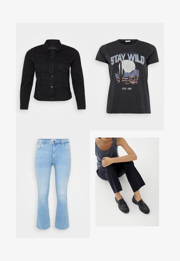 Zwart denim jack met een klassieke kraag, sluiting met knopen aan de voorkant, twee borstzakken en stikdetails.; Zwarte katoenen t-shirt met een grafische print van een woestijnlandschap met cactussen, een maan en de tekst "STAY WILD" in blauwe letters.; Lichtblauwe denim jeans met een aansluitende taille, uitlopende pijpen, een vijf-pocket ontwerp en subtiele vervaging in de textuur van de stof.; Zwarte leren loafers met textuurelementen, lage hak, ronde neus en zichtbare stiksels. Model draagt donkere broek en een grijze top.