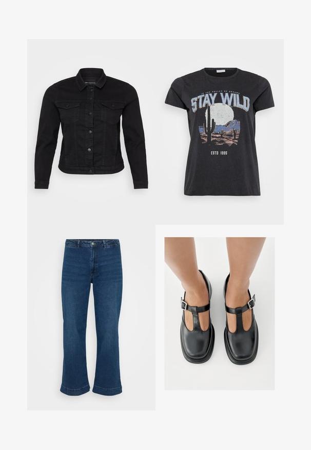 Sort denimjakke med klassisk krave, frontknaplukning, to brystlommer og stikninger.; Sort bomulds t-shirt med et grafisk print af en ørken-scene med kaktusser, en måne og sætningen "STAY WILD" i blå skrifttype.; Højtaljede blå jeans med lige ben og bred kant, lavet af denim. Har et klassisk fem-lomme design og lukning med metalknap.; Sorte lædersko med T-rem-design, lukket tå og sølvfarvede spændeaccenter. Glat tekstur med rundet tå og flad sål.