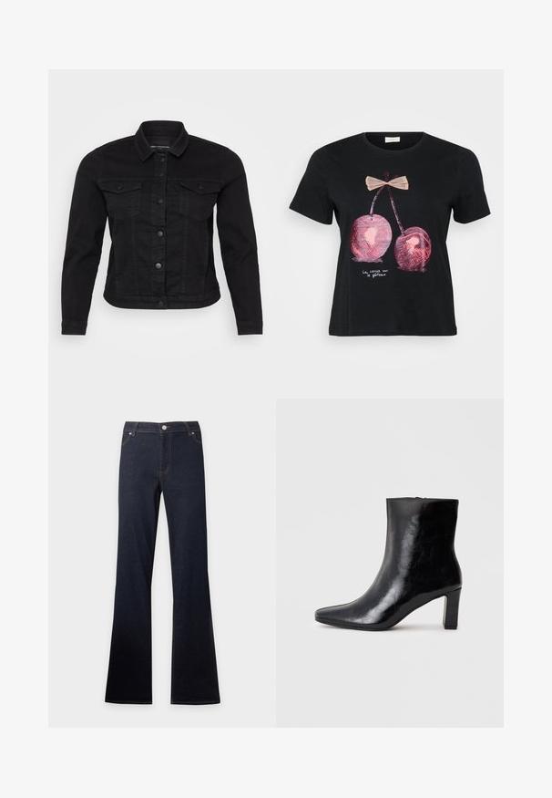 Sort denimjakke med klassisk krave, frontknaplukning, to brystlommer og stikninger.; Sort kortærmet t-shirt i sort med et grafik af to pink kirsebær med en sløjfe og teksten "La cerise sur le gâteau" i hvid.; Mørkeblå denimjeans med høj talje og udvidede ben, med frontlommer, knap og lynlåslukning.; Sorte ankelstøvler lavet af blank læder, med spidse tæer og en mellemstor blokhæl, med en glat tekstur og et enkelt design.