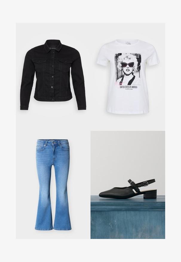 Schwarze Denimjacke mit klassischem Kragen, vorderem Knopfverschluss, zwei Brusttaschen und Stickdetails.; Weißes Baumwoll-T-Shirt mit einem schwarz-weißen Grafiker eines weiblichen Models mit Sonnenbrille, versehen mit den Texten "Marilyn" und "Vereinigte Staaten von Amerika".; Hellblaue Schlagjeans aus Denim mit mittelhohem Bund, Fronttaschen und einem verwaschenen Effekt am Saum.; Schwarzer Slingback-Schuh aus Leder mit spitzer Spitze, niedrigem Blockabsatz und zwei verstellbaren Riemen mit silbernen Schnallen. Glatte Textur.