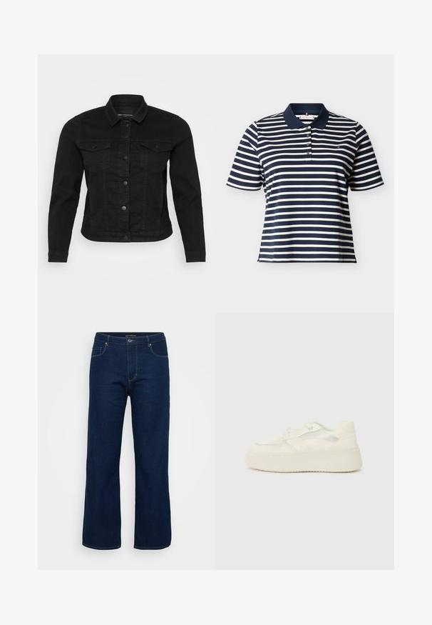 Sort denimjakke med klassisk krave, frontknaplukning, to brystlommer og stikninger.; Marineblå og hvide horisontale stribede kortærmede polo med marineblå krave og fire knapper på slidserne.; Mørkeblå denim jeans med lige pasform, der har en lynlås, fem lommer og synlige syninger.; Hvide platform sneakers med en glat læderoverdel, syede detaljer og metalliske sidestænger. Rund tå og flad gummisål.