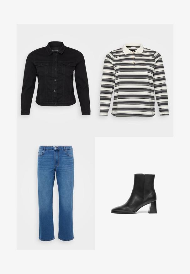 Sort denimjakke med klassisk krave, frontknaplukning, to brystlommer og stikninger.; Langærmet polo skjorte med et sort og hvidt stribet mønster, der har en kontrasterende hvid krave og tre dekorerende knapdetaljer.; Blå denimjeans med lige ben, der har en knaplukning, klassisk fem-lomme design og en subtil falmet tekstur på lårene.; Sort læder ankelstøvle med spids tå, en medium geometrisk hæl og en glat overflade. Enkel design uden synlige hardware eller dekorative elementer.