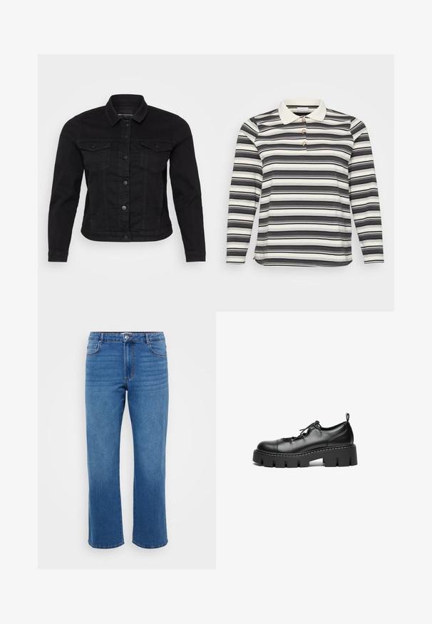 Zwart denim jack met een klassieke kraag, sluiting met knopen aan de voorkant, twee borstzakken en stikdetails.; Polo shirt met lange mouwen in een zwart-wit gestreept patroon, voorzien van een contrasterende witte kraag en drie decoratieve knoopaccenten.; Blauwe denim jeans met een rechte pijp, voorzien van een knoopsluiting, een klassiek vijf-pocketdesign en een subtiele vervaging op de dijen.; Zwarte leren veterschoenen met een ronde neus, stevige platformzool en decoratieve stikdetails langs de rand.