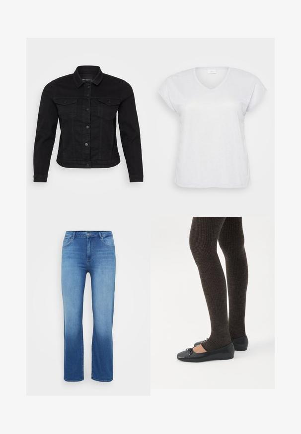 Sort denimjakke med klassisk krave, frontknaplukning, to brystlommer og stikninger.; Hvid kortærmet V-hals t-shirt med en subtil skimmereffekt, der har en afslappet pasform og ingen synlige mønstre eller accenter.; Lysblå denimjeans med lige snit, fem-lomme design og en slidt effekt ved kanten. Knaplukning i taljen.; Ben iført mørke ribbede leggings kombineret med sorte balletsko med små sløjfedetaljer på hvid baggrund.