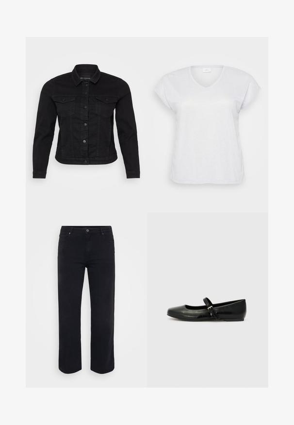 Sort denimjakke med klassisk krave, frontknaplukning, to brystlommer og stikninger.; Hvid kortærmet V-hals t-shirt med en subtil skimmereffekt, der har en afslappet pasform og ingen synlige mønstre eller accenter.; Sorte denimjeans med lige ben-design. Funktioner inkluderer en knaplukning i taljen, bæltestropper og front-/baglommer. Glat tekstur.; Sorte læder balletflade med rund tå, flad sål og en tynd justerbar rem over svangen med en metalspænde.