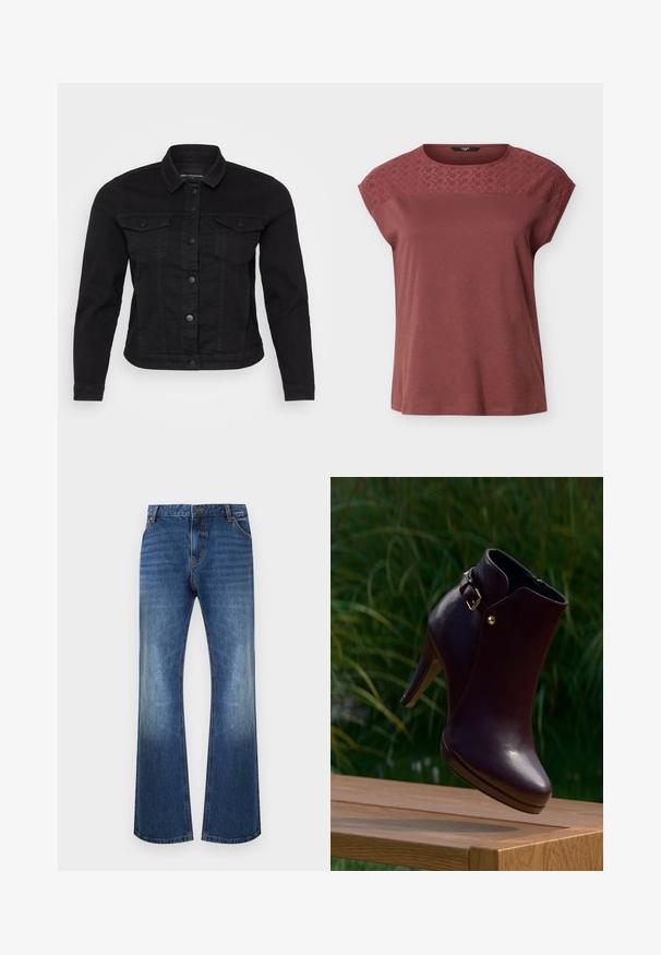 Sort denimjakke med klassisk krave, frontknaplukning, to brystlommer og stikninger.; Kortærmet mauve top med broderet blomsterblonde på tværs af øverste del af brystet og skuldrene, rund halsudskæring, løs pasform.; Blå denimjeans med en let flare, falmede forreste lår, forlommer og orange syninger, lagt fladt på en hvid baggrund.; Mørkebrun læder ankelstøvle med høj hæl med en guldbøjle og nitte, placeret over en træoverflade med grønt løv i baggrunden.