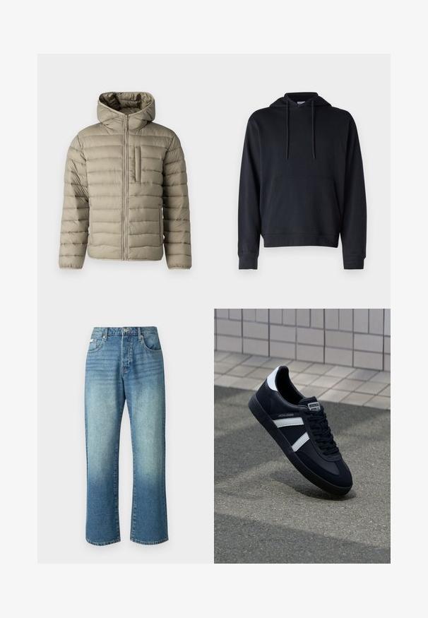 Oppustelig jakke i lys beige med hætte, lynlås og brystlomme. Polstret design med horisontale sømme for isolering.; Sort hoodie lavet af en blanding af bomuldsstoffer, med en kengurulomme, justerbare snore og ribmekanter ved håndleddene og kanten. Simpelt design.; Lysblå denimjeans med lige ben, fem lommer, knaplukning foran og subtil fading over hele stoffet.; Sort lædersneaker med hvide striber, tekstureret gummisål og snørrebånd foran. Har et brandet mærke på tungen.