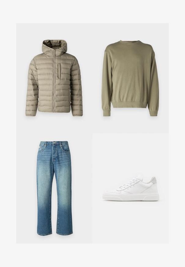 Oppustelig jakke i lys beige med hætte, lynlås og brystlomme. Polstret design med horisontale sømme for isolering.; Oliven grøn, langærmet sweatshirt lavet af blødt bomuldsblanding. Har en rund halsudskæring og ribbede manchetter med en afslappet pasform.; Lysblå denimjeans med lige ben, fem lommer, knaplukning foran og subtil fading over hele stoffet.; Hvide lædersneakers med en glat finish, rund tå, flade snørebånd og en struktureret sål. Grå ruskindsdetalje ved hælen.