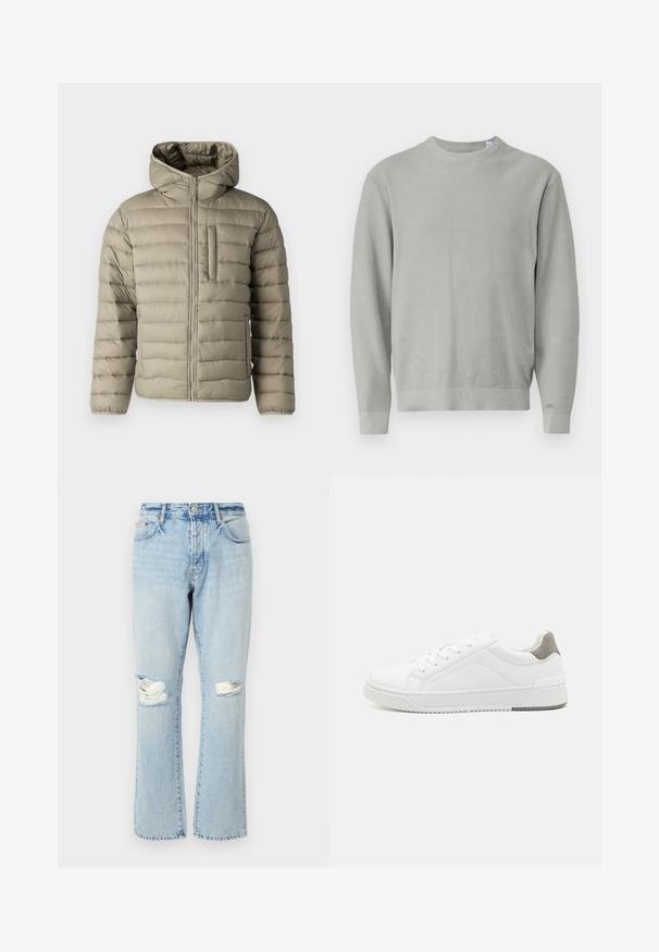 Oppustelig jakke i lys beige med hætte, lynlås og brystlomme. Polstret design med horisontale sømme for isolering.; Lysegrå, langærmet sweater med rund hals, tekstureret strikkemønster samt ribstrikkede manchetter og kant.; Lyseblå slidte jeans med huller ved knæene, lige ben, fem lommer og denimstof med en falmet tekstur.; Hvid sneaker lavet af glat læder, rund tå, minimalistisk design, grå hælafsats og tekstureret gummisål.