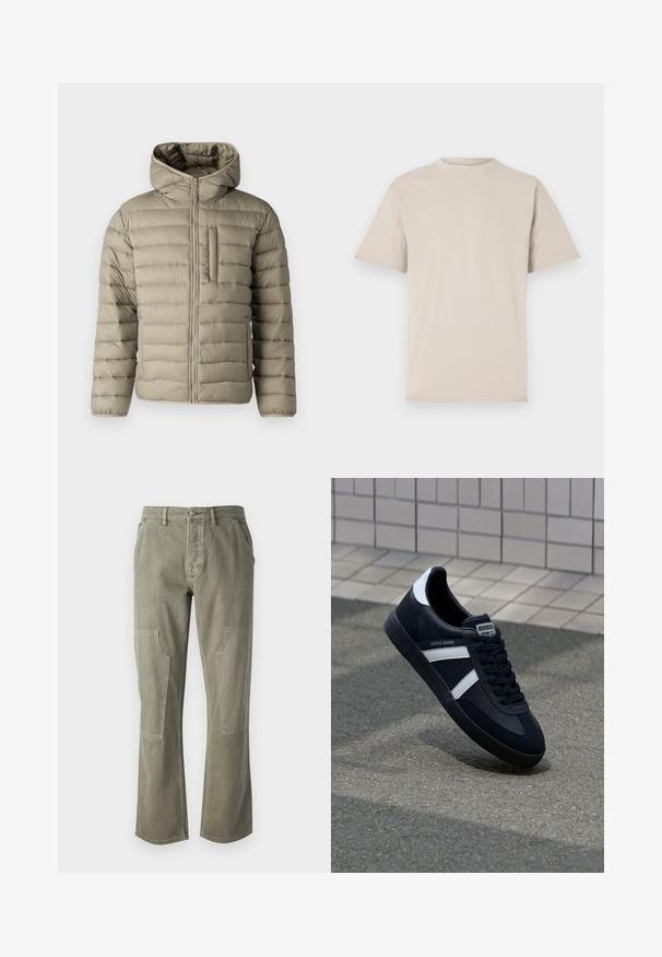Oppustelig jakke i lys beige med hætte, lynlås og brystlomme. Polstret design med horisontale sømme for isolering.; Beige kortærmet t-shirt med rund hals, lavet af glat bomuldsstof, med en afslappet pasform og uden synlige mønstre eller udsmykninger.; Olivenfarvede bukser lavet af bomuld med lige ben-design, der har ribbede detaljer på påsatte lommer og kontrasterende syninger.; Sort lædersneaker med hvide striber, tekstureret gummisål og snørrebånd foran. Har et brandet mærke på tungen.