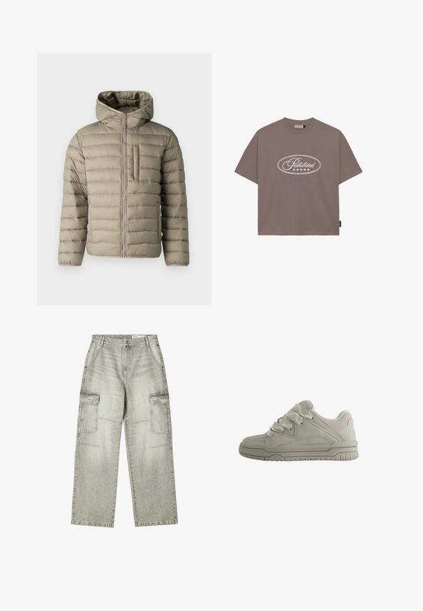 Oppustelig jakke i lys beige med hætte, lynlås og brystlomme. Polstret design med horisontale sømme for isolering.; Brun bomulds t-shirt med korte ærmer og rund hals. Har hvid "Forbudt" tekst og fem stjerner inden for et ovalt design.; Lys grå brede cargo jeans med frontlommer, sidelommer, bæltestropper og knaplukning i taljen.; Lav-snit grå sneaker med tykke teksturerede snørebånd, polstret krave, syninger i panelerne og en rilled gummisål for greb.