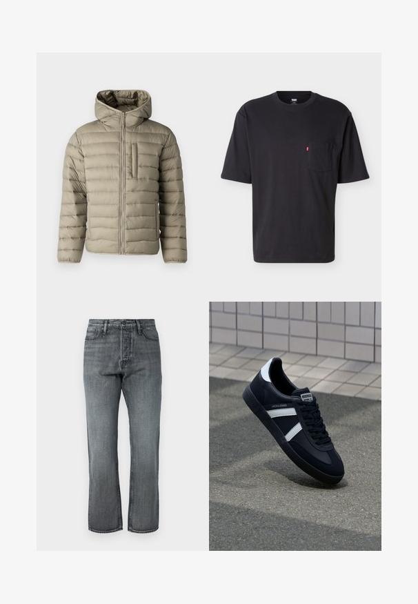 Oppustelig jakke i lys beige med hætte, lynlås og brystlomme. Polstret design med horisontale sømme for isolering.; Sort T-shirt med korte ærmer, rund hals og brystlomme med lille rød Levi's logo på lommen mod ensartet lyst baggrund.; Grå denimjeans med lige ben, fem lommer og klassisk knaplukning, der har subtil fading og kontrastsyning.; Sort lædersneaker med hvide striber, tekstureret gummisål og snørrebånd foran. Har et brandet mærke på tungen.