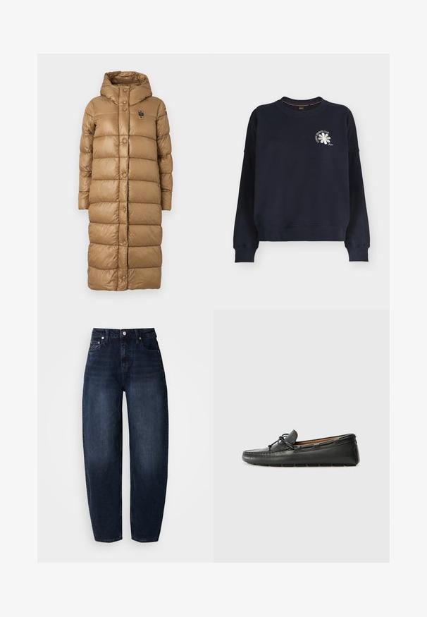 Bruine pufferjas met een capuchon, voorzien van een knoopsluiting aan de voorkant, een gestikt patroon en een knielange snit. Inclusief een logo-opdruk op de borst.; Marineblauwe sweatshirt met lange mouwen, geribde boorden en zoom, met een kleine witte bloem en de tekst "COSMIC ENERGY CLUB" op de borst.; Donkerblauwe denim jeans met een ontspannen pasvorm, voorzien van een hoge taille, rechte pijpen en klassiek ontwerp met vijf zakken.; Zwarte leren bootshoe met een ronde neus, gestikte details, een kleine strikaccent en een rubberen zool. Soepele textuur en gestroomlijnd ontwerp.