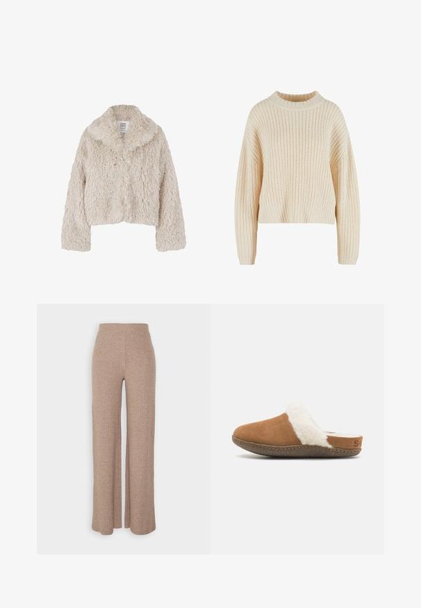 Veste courte en fausse fourrure couleur crème avec un large col, surface texturée et manches longues. Dispose d'une fermeture à bouton à l'avant.; Pull en tricot crème avec un col haut en côtes, des manches larges et un motif texturé sur l'ensemble. Design court avec un ourlet en côtes.; Pantalons larges en beige à côtes avec une taille haute et une texture douce, présentant une coupe loose et sans fermetures visibles.; Chausson en suède marron à enfiler avec une doublure blanche duveteuse et une semelle texturée. Présente un bord cousu et un petit détail de marque sur le talon.