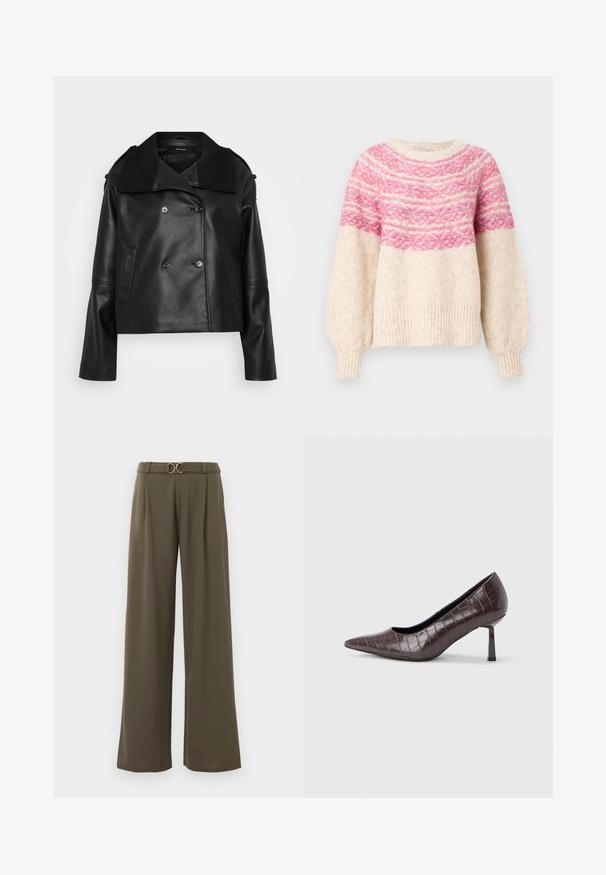 Sort læder cropped jakke med dobbeltradet front, stor krave, sidelommer og ribbede detaljer ved kraven og manchetterne.; Strikket sweater med en cremeløs bund, prydet med et gradient pink mønster henover brystet og bløde ærmer. Ribbet kant og manchetter.; Vidde bukser i mørke olivengrønne stoffer med en bælte i taljen, der har en gylden cirkelspænde, samt frontfoldninger for ekstra detaljer.; Brune kunstlæder stiletter med spidse tæer og krokodilletekstur, der har en slank, vinklet hæl og en glat inderside.