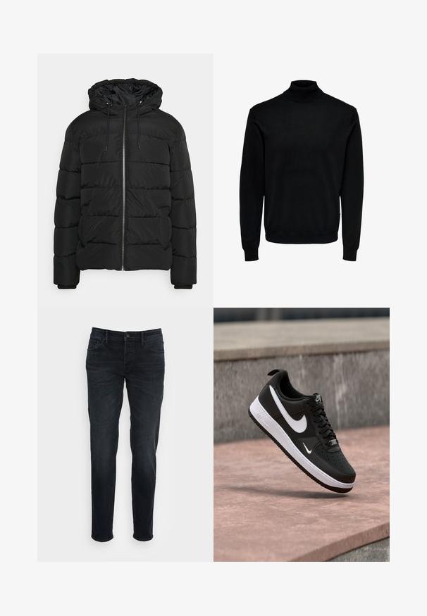 Chaqueta acolchada negra con capucha, con cierre frontal de cremallera, puños elastizados y diseño acolchado. Fabricada con material ligero e insulated.; Suéter de cuello alto negro, hecho de tela suave, con mangas largas, puños y dobladillo acanalados, diseño de cuello ajustado y textura lisa.; Jeans de denim ajustados de color azul oscuro con botón frontal y diseño de cinco bolsillos, exhibidos sobre un fondo blanco liso.; Zapatilla Nike Air Force 1 en blanco y negro suspendida sobre una superficie de concreto rosa con un fondo de piedra gris.