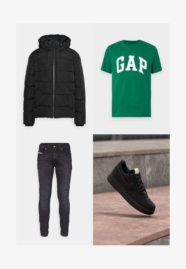 Schwarze Daunenjacke mit Kapuze, ausgestattet mit einem Reißverschluss vorne, elastischen Bündchen und einem gesteppten Design. Hergestellt aus leichtem, isoliertem Material.; Grünes Baumwoll-T-Shirt mit Rundhalsausschnitt; zeigt große weiße Blockbuchstaben, die "GAP" auf der Vorderseite buchstabieren.; Slim-Fit schwarze Jeans aus Denim mit vorderen und hinteren Taschen, Gürtelschlaufen, Knopfverschluss und dezenten Ausbleichungsdetails.; Schwarzer Nike Air Force 1 Sneaker, der über einer rosa Betonkante mit grauem Stein-Hintergrund schwebt und Seiten- sowie Oberseiten-Details zeigt.