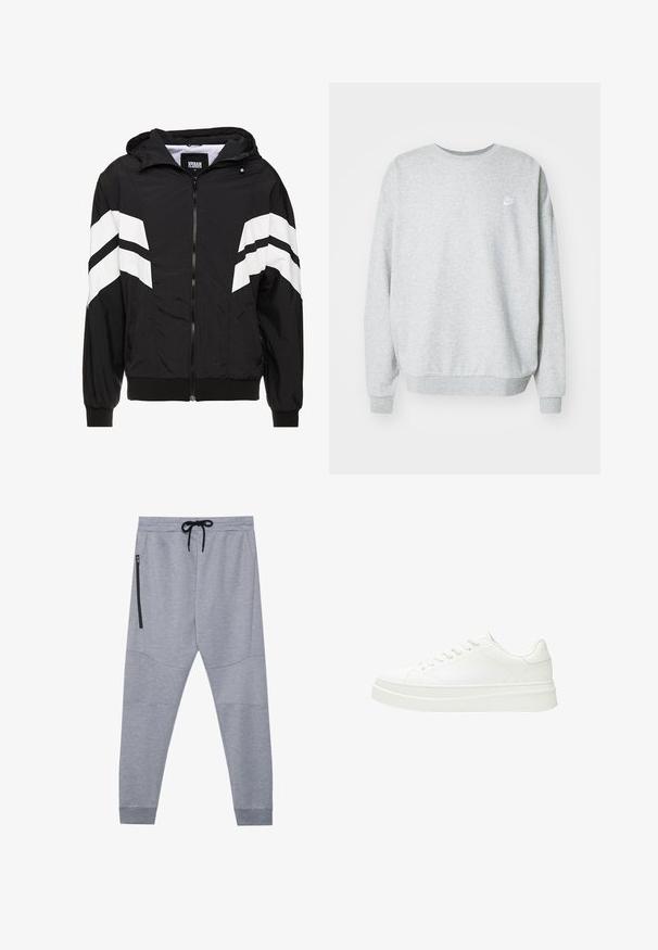 Veste coupe-vent noire avec des rayures blanches en diagonale, fermeture éclair, capuche, poignets élastiques et ourlet noir uni. Le matériau semble léger.; Sweatshirt gris en tissu mélangé coton, avec un col rond, des épaules tombantes et un petit logo blanc sur la poitrine.; Pantalons de jogging gris en tissu doux avec taille élastique à cordon, jambes fuselées et poche zippée sur le côté pour un rangement sécurisé.; Baskets blanches avec une tige en cuir lisse, des lacets plats et une semelle en caoutchouc épaisse. Le design minimaliste présente des coutures discrètes et des accents sans couture.