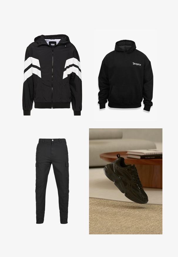 Veste coupe-vent noire avec des rayures blanches en diagonale, fermeture éclair, capuche, poignets élastiques et ourlet noir uni. Le matériau semble léger.; Sweat à capuche noir avec poche kangourou, arborant le texte "Dropsize" en blanc sur la poitrine gauche, fabriqué en tissu doux avec des poignets côtelés.; Pantalons cargo noirs en tissu durable. Comprend plusieurs poches latérales, une fermeture à bouton et un design de jambe fuselée. Devant plat, sans motifs.; Baskets épaisses noires avec mesh et détails brillants flottant au-dessus d'un tapis beige, table basse ronde en bois avec des livres en arrière-plan.
