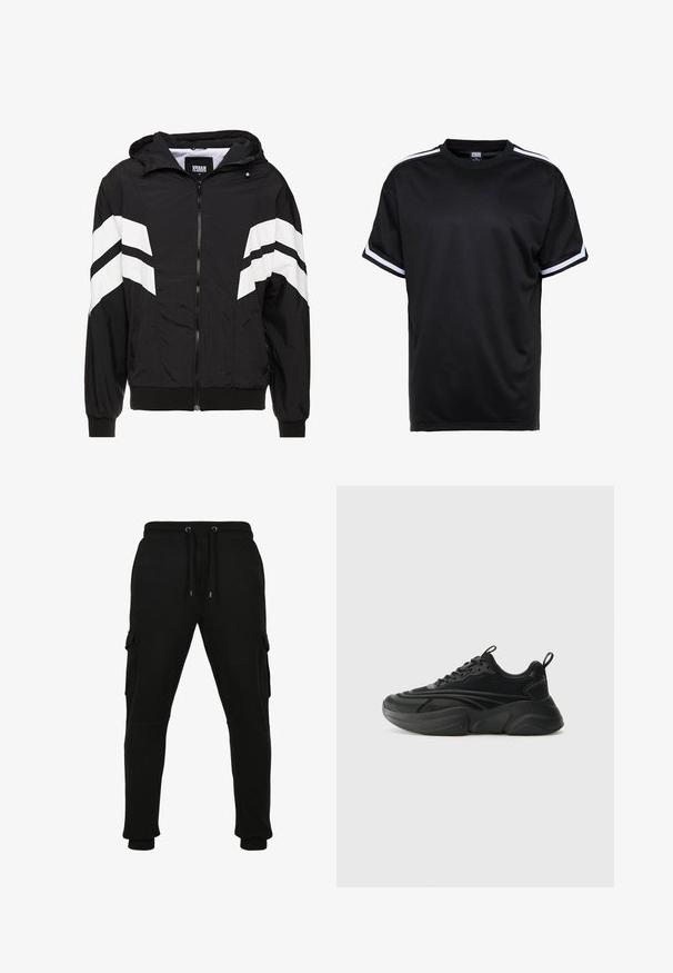 Veste coupe-vent noire avec des rayures blanches en diagonale, fermeture éclair, capuche, poignets élastiques et ourlet noir uni. Le matériau semble léger.; T-shirt noir à manches courtes en tissu mesh, avec des accents rayés blancs sur les manches et un col rond.; Pantalons de jogging noirs en mélange de coton, avec une taille à cordon de serrage, des poches cargo latérales et des poignets côtelés. Texture lisse.; Des chaussures de sport noires avec une semelle arrondie, une tige texturée et un col rembourré. Elles disposent de lacets, d'une languette et d'éléments de design superposés.