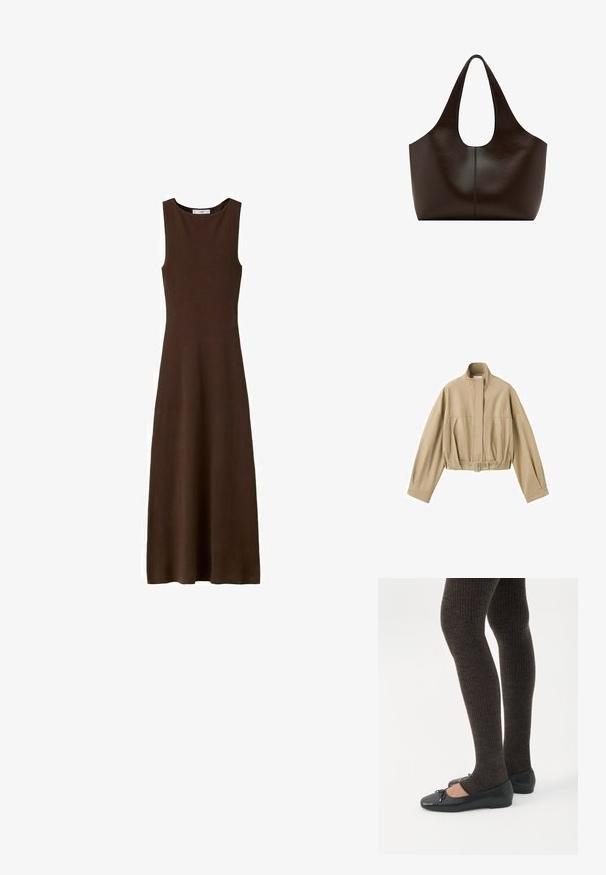 Veste courte beige à manches longues, col montant, fermeture éclair à l'avant et ceinture ajustable à la taille sur fond blanc.; Robe sans manches, marron foncé, longueur cheville, avec un col rond et un corsage ajusté, s'évasant légèrement en une jupe fluide.; Jambes portant des leggings côtelés foncés associés à des ballerines noires avec de petits détails en nœud sur fond blanc.; Sac cabas en cuir marron foncé avec larges bretelles et ouverture supérieure arrondie, design simple avec détail de couture centrale.