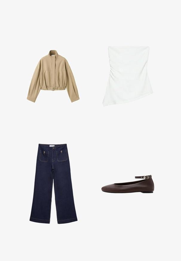Veste courte beige à manches longues, col montant, fermeture éclair à l'avant et ceinture ajustable à la taille sur fond blanc.; Haut blanc asymétrique sans bretelles avec un léger détail froncé sur un côté, style ajusté, design épuré et minimaliste.; Pantalon en jean large bleu foncé à taille haute, poches plaquées à l'avant fermées par des boutons en métal et détails de coutures visibles.; Chaussure plate marron foncé avec bout arrondi et bride de cheville réglable avec boucle argentée sur fond blanc.