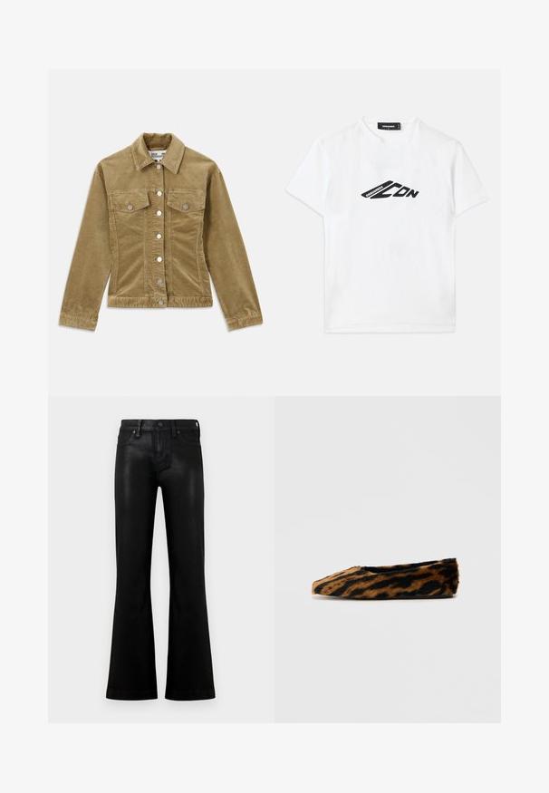 Oliven grøn cordurojjakke med krave, to frontlommer, sølvfarvede knapper og ribbet tekstur. Skræddersyet pasform med lige snit.; Hvid bomulds t-shirt med sort logo print på fronten. Klassisk rund halsudskæring og korte ærmer med en afslappet pasform.; Sorte jeans med høj talje og let vidde, frontknap og lynlåslukning samt fem-lomme-design på en ensfarvet lys baggrund.; Faux fur balletflade med et brunt og sort stribet mønster, rund tå og flad sål. Blød tekstur og elegant design.