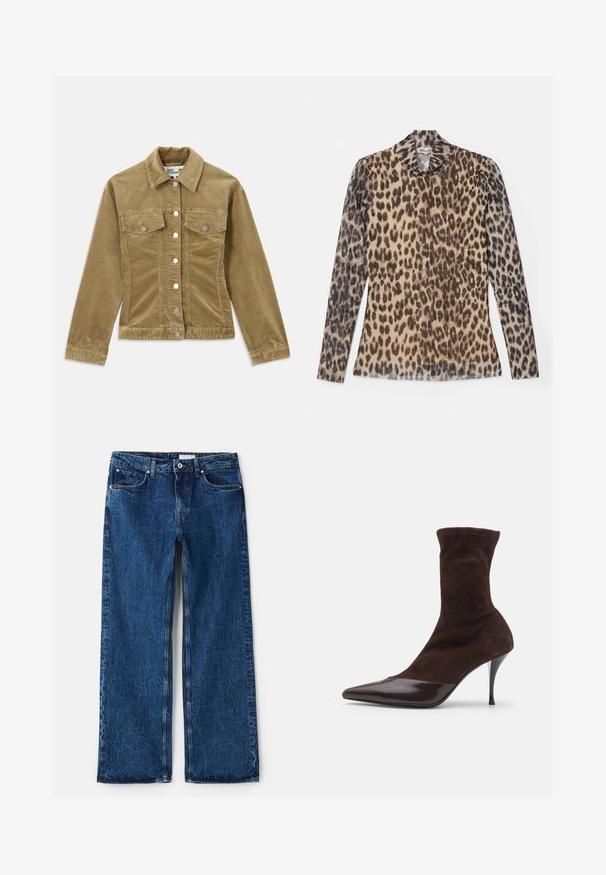 Oliven grøn cordurojjakke med krave, to frontlommer, sølvfarvede knapper og ribbet tekstur. Skræddersyet pasform med lige snit.; Langærmet top med leopardprint og rund hals, lavet af et let stof med beige og brune mønstre.; Bredde ben jeans i mørkeblåt denim med en tekstureret overflade, der har fem lommer, metal nitter og en knaplukning.; Brune ruskinds ankelstøvle med spids tå og blank bordeauxlakeret tåhætte, der har en slank stilettohæl og tekstureret overdel.