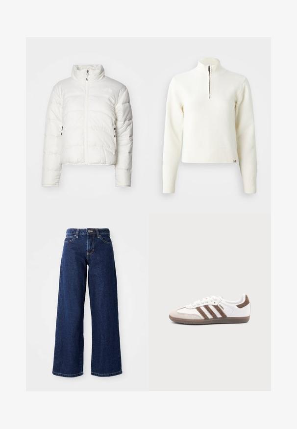 Doudoune blanche avec col haut, fermeture éclair frontale et deux poches latérales. Présente un motif matelassé et un logo discret sur la poitrine.; Pull-over blanc à col zippé et manches longues. Fabriqué en matériau tricoté doux, avec des poignets et un ourlet côtelés. Logo de la marque subtil à l'ourlet.; Jean ample bleu foncé en denim, doté d'une fermeture à bouton et à zip, de passants de ceinture et d'un design classique à cinq poches.; Baskets Adidas Samba blanches avec des bandes en daim marron, semelle en caoutchouc marron et bout en daim beige, vues du côté extérieur sur un fond uni.