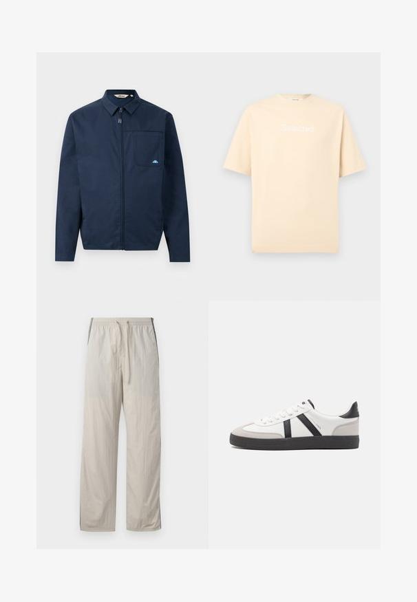 Chaqueta azul marino de tejido suave, con cremallera frontal, cuello puntiagudo y un bolsillo en el pecho con un pequeño acento de logo.; Camiseta de algodón beige de manga corta con texto blanco "Selected" centrado en el pecho sobre un fondo liso.; Pantalones ligeros de color beige, con cordón y cintura elástica, que presentan paneles laterales oscuros y un diseño de pierna recta y holgada.; Zapatilla blanca con acentos en negro y gris, que presenta una puntera texturizada en gris, suela de goma negra y cordones planos blancos. Diseño limpio, estilo minimalista.