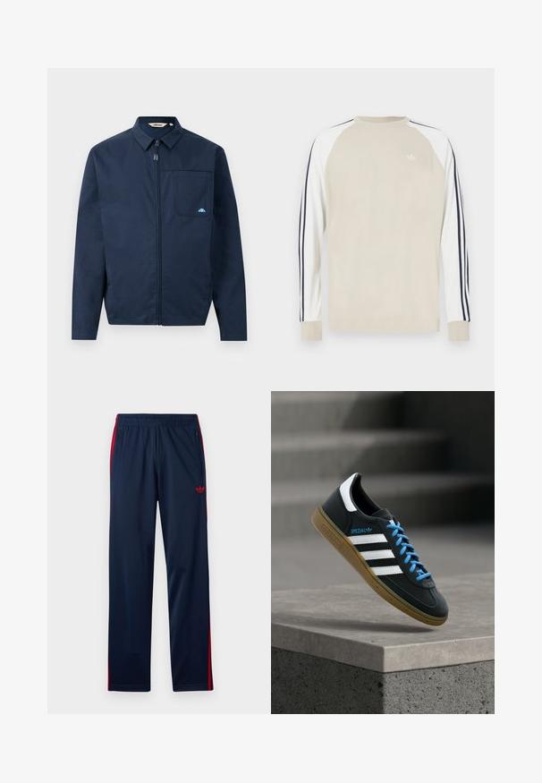 Chaqueta azul marino de tejido suave, con cremallera frontal, cuello puntiagudo y un bolsillo en el pecho con un pequeño acento de logo.; Camiseta de manga larga beige con mangas raglán blancas y rayas azul marino a los lados. Presenta un pequeño logo blanco en el pecho.; Pantalones deportivos azul marino con rayas rojas en los costados, cintura elástica, bolsillos con cremallera y logo rojo de trébol Adidas en el muslo izquierdo.; Zapatilla negra Adidas con franjas blancas, cordones azules y suela de goma flotando sobre un escalón de hormigón gris con luz suave.