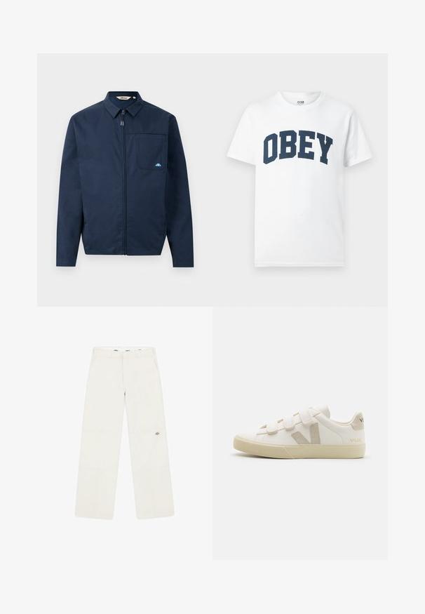 Chaqueta azul marino de tejido suave, con cremallera frontal, cuello puntiagudo y un bolsillo en el pecho con un pequeño acento de logo.; Camiseta blanca de manga corta con el texto "OBEY" en azul marino con letras grandes y en bloque en el pecho.; Pantalones blancos de corte holgado, confeccionados con una tela de textura sutil. Presentan un logo cerca del dobladillo y un diseño de pierna recta y limpia.; Zapatillas de cuero blancas con correas de Velcro, acentos beige, punta redondeada, suela de goma texturizada y logo en relieve. Diseño minimalista.