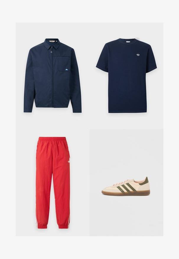 Veste bleu marine en tissu lisse, avec une fermeture éclair à l'avant, un col pointu et une poche poitrine unique avec un petit logo en accent.; T-shirt à manches courtes côtelé bleu marine avec col rond et petit logo blanc Adidas Trefoil sur le côté gauche de la poitrine.; Pantalon de sport rouge en matière légère, avec une taille élastique, des bandes blanches sur les côtés, et un petit logo sur la cuisse.; Baskets beige discrètes Adidas Spezial avec des bandes vertes, une semelle en caoutchouc et le logo "SPEZIAL" sur le côté, vues de l'extérieur.