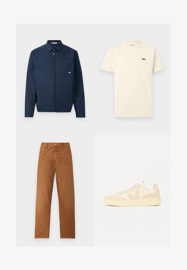 Chaqueta azul marino de tejido suave, con cremallera frontal, cuello puntiagudo y un bolsillo en el pecho con un pequeño acento de logo.; Camiseta de cuello redondo de manga corta color crema con pequeño logo negro "OBEY" en el pecho, lado superior izquierdo, fondo liso.; Pantalones marrones de pierna recta con trabillas para cinturón, bolsillos frontales y cierre de botón, mostrados sobre un fondo claro y liso.; Zapatillas de cuero beige con parte superior de ante texturizado, caja de dedos perforada y suela de goma. Presenta un diseño minimalista y un logotipo en el talón.