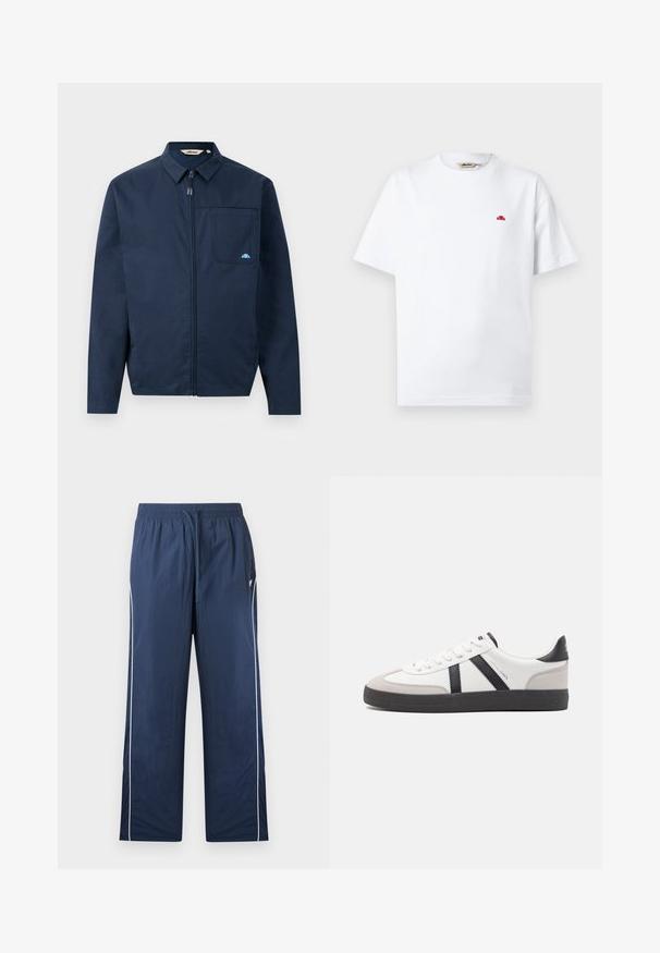 Chaqueta azul marino de tejido suave, con cremallera frontal, cuello puntiagudo y un bolsillo en el pecho con un pequeño acento de logo.; Camiseta blanca de manga corta con cuello redondo, pequeño logo rojo en el pecho izquierdo y etiqueta de la marca dentro del cuello.; Pantalones deportivos azul marino con cintura elástica, cordón ajustable, ribete blanco lateral y pequeño logo en el lado superior izquierdo.; Zapatilla blanca con acentos en negro y gris, que presenta una puntera texturizada en gris, suela de goma negra y cordones planos blancos. Diseño limpio, estilo minimalista.