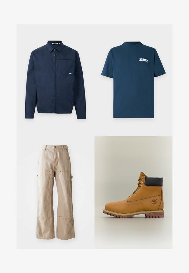 Marineblaue Jacke aus glattem Stoff, mit Reißverschluss vorne, spitzem Kragen und einer einzelnen Brusttasche mit einem kleinen Logo-Detail.; Dunkelblaues Baumwoll-T-Shirt mit kurzen Ärmeln und Rundhalsausschnitt. Auf der linken Brust ist ein weißes "Carhartt"-Logo aufgedruckt.; Beige weite Hosen aus robustem Baumwollstoff. Verfügt über Front- und Seiten pockets, sichtbare Nähte und Metallakzente an den Taschen.; Brauner Leder-Stiefelette mit schwarzem Kragen, gelben Schnürsenkeln und hellbrauner Sohle. Verfügt über ein Logo und weiße Ziernähe. Robuste Profilsohle.
