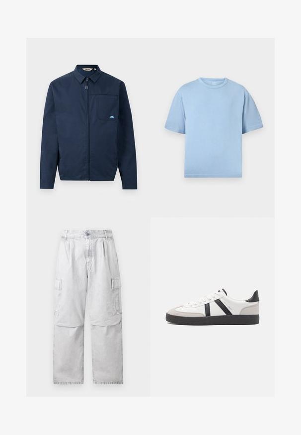 Chaqueta azul marino de tejido suave, con cremallera frontal, cuello puntiagudo y un bolsillo en el pecho con un pequeño acento de logo.; Camiseta azul claro de manga corta y cuello redondo con un ajuste holgado, mostrada sobre un fondo blanco liso.; Pantalones cargo gris claro con cierre de botón y cremallera, bolsillos laterales con solapa y corte de pierna recta.; Zapatilla blanca con acentos en negro y gris, que presenta una puntera texturizada en gris, suela de goma negra y cordones planos blancos. Diseño limpio, estilo minimalista.