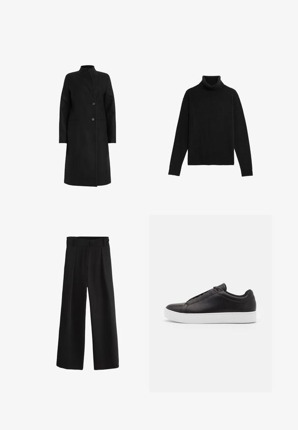 Sort frakke lavet af uldblanding, har en høj krave, dobbeltbrystet design med to knapper og sidelommer. Glat tekstur, knælængde.; Sort turtleneck-trøje i blødt strikmateriale med lange ærmer, fold-over krave og lige kant med ribbede detaljer.; Sorte bukser med vid ben, elastisk linning og bæltestropper, der har en glat forside og løs pasform.; Sorte lædersneakers med en glat overflade, der har et lavt design og en tyk hvid gummisål. Diskrete syninger på siden.
