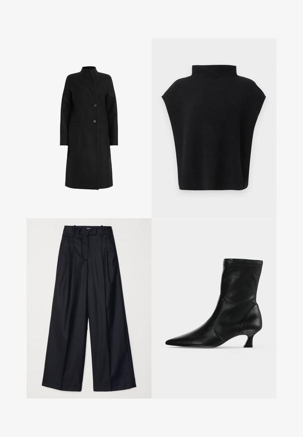 Abrigo negro de mezcla de lana, con cuello alto, diseño de doble botonadura con dos botones y bolsillos laterales. Textura suave, hasta la rodilla.; Top negro sin mangas con cuello alto y corte holgado, mostrado sobre un fondo blanco liso.; Pantalones de pierna ancha negros, confeccionados en una tela suave, con una cintura alta, pliegues y un diseño ajustado. Accesorios sencillos en negro en la cintura.; Bota negra de cuero hasta media pantorrilla con puntera puntiaguda y tacón bajo tipo kitten, vista de lado sobre un fondo claro y liso.