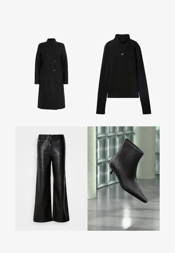 Sort frakke lavet af uldblanding, har en høj krave, dobbeltbrystet design med to knapper og sidelommer. Glat tekstur, knælængde.; Sort ribstrikket bluse med lange ærmer og lille firkantet Calvin Klein-logo placeret centralt på brystet.; Sorte læder bukser med bredde ben og en glat tekstur, der har en frontknaplukning, to sidelommer og minimale syninger.; Sort læderankelstøvle med spids tå og lille hæl vist mod en væg af glasblokke og poleret gulv baggrund.