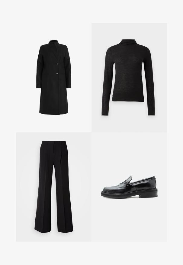 Sort frakke lavet af uldblanding, har en høj krave, dobbeltbrystet design med to knapper og sidelommer. Glat tekstur, knælængde.; Sort langærmet turtleneck top lavet af et struktureret materiale, med en tætsiddende pasform og minimalistisk design uden synlige mønstre eller metaldele.; Sorte bukser lavet af glat stof, med høj talje, bred ben silhuet og to frontfolder for ekstra design detaljer.; Sort lædersko med lav hæl og afrundet firkantet tå, vist fra siden på en ensfarvet hvid baggrund.