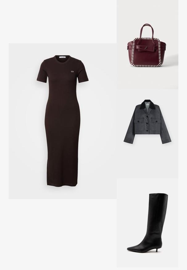 Veste courte gris foncé avec col en velours côtelé noir, manches longues, boutons sur le devant et deux poches à rabat boutonnées.; Robe midi marron foncé, cintrée, à manches courtes, col rond, avec un petit logo brodé sur la partie supérieure gauche de la poitrine.; Botte noire en cuir jusqu'au genou avec bout pointu et petit talon kitten sur un fond clair uni.; Sac à main en cuir bordeaux avec bordure blanche cousue, doubles poignées et rabat avant sécurisé par une fermeture à épingle argentée.