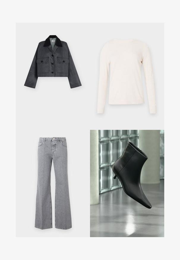 Veste courte gris foncé avec col en velours côtelé noir, manches longues, boutons sur le devant et deux poches à rabat boutonnées.; Chemise beige clair à manches longues en tissu doux, dotée d'un col rond, d'une coupe décontractée et d'un design simple sans motifs ni ornements.; Jean en denim gris taille haute avec bouton et fermeture éclair à l'avant, cinq poches et jambes évasées larges, présenté sur un fond uni.; Bottine en cuir noir à bout pointu et petit talon kitten, présentée en angle devant un sol poli et un mur en blocs de verre.