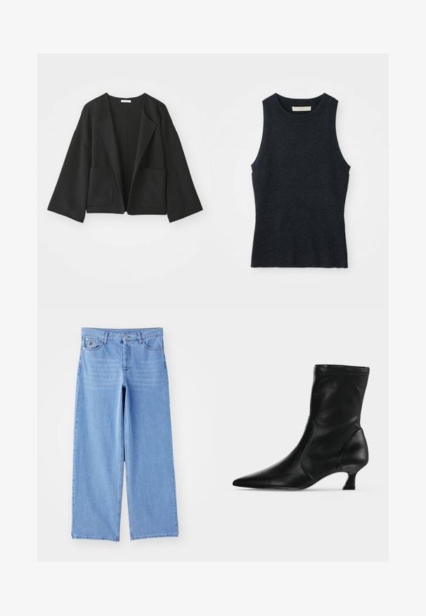 Sort cropped jakke lavet af blødt stof. Har brede ærmer, åben front og to forlommer. Enkel, ren design uden lukninger.; Udenærmet, mørkegrå strikket tanktop med rund hals, lagt fladt på hvid baggrund.; Lys blå brede ben jeans lavet af denim, med et klassisk fem-lomme design og en knaplukning. Glat tekstur, slidte kanter.; Sort læderstøvle til midt på læggen med spids tå og lav kittenhæl, vist fra siden på en ensartet lys baggrund.