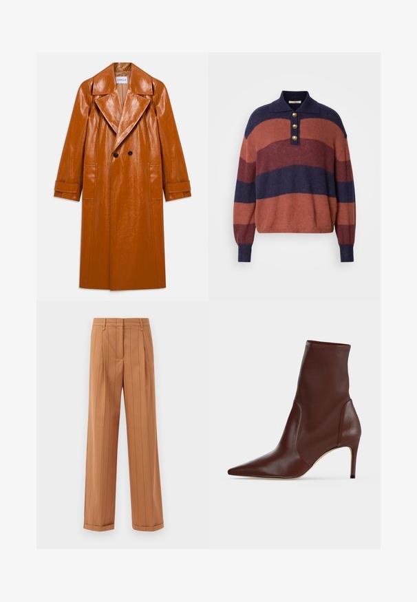 Trench-coat long en faux cuir marron avec larges revers, double boutons noirs, deux poches avant et manches à revers.; Pull en maille rayé avec des rayures horizontales bleu marine, rouge brique et bordeaux. Encolure à col avec trois boutons dorés et poignets côtelés.; Pantalons bruns à rayures fines avec une conception sur mesure, featuring des plis, une coupe droite et un ourlet retroussé. Fabriqués dans un tissu lisse.; Bottine en cuir marron foncé à bout pointu et talon haut fin sur un fond clair uni.