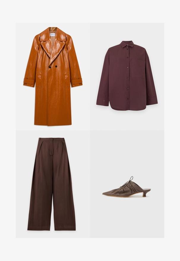 Trench-coat long en faux cuir marron avec larges revers, double boutons noirs, deux poches avant et manches à revers.; Chemise à manches longues boutonnée de couleur marron foncé avec un col et une unique poche poitrine, présentée sur un fond clair uni.; Pantalon marron à jambes larges avec plis devant et taille haute, posé à plat sur un fond clair.; Mule en cuir marron avec un bout pointu, texture froncée, petit talon et un accent de cordon de serrage à l'ouverture. Fini lisse.