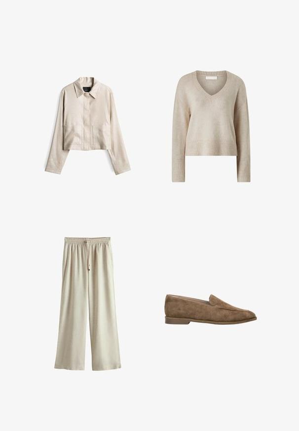 Beige Jacke in Cropped-Form aus strukturiertem Stoff. Verfügt über einen spitzen Kragen, eine vordere Knopfleiste und zwei große aufgesetzte Taschen.; Beige gestrickter Pullover mit V-Ausschnitt, langen Ärmeln und gerippten Bündchen und Saum. Weiche Textur, cropped Schnitt und minimales Design.; Beige Culotte mit elastischem Bund und verstellbarem Kordelzug, aus leichtem Stoff für den Freizeitlook.; Brauner Wildleder-Slipper mit niedrigem Absatz und abgerundeter Spitze, Seitenansicht vor weißem Hintergrund.