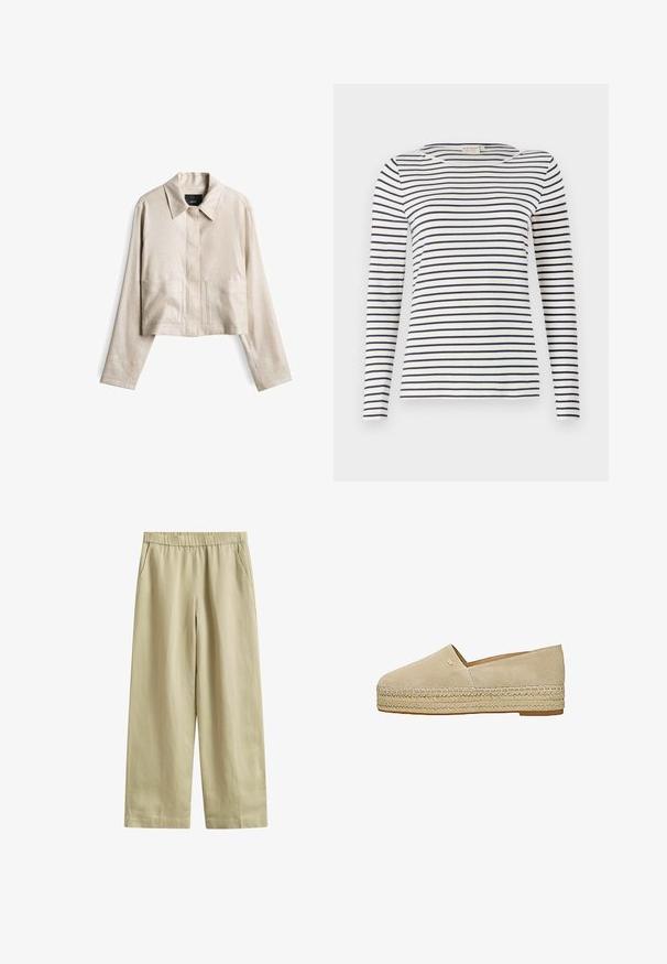 Beige Jacke in Cropped-Form aus strukturiertem Stoff. Verfügt über einen spitzen Kragen, eine vordere Knopfleiste und zwei große aufgesetzte Taschen.; Langärmliges gestreiftes Hemd aus weichem Stoff, mit navy- und weißen horizontalen Streifen, runder Halslinie und schlanker Passform.; Beige Hosen mit weitem Bein, elastischem Bund und seitlichen Taschen, aus leichtem Stoff gefertigt.; Beige Wildleder-Slipper-Espadrille mit geflochtener Jutesohle auf Plateausohle und kleinem metallischem Logo auf der Oberseite.